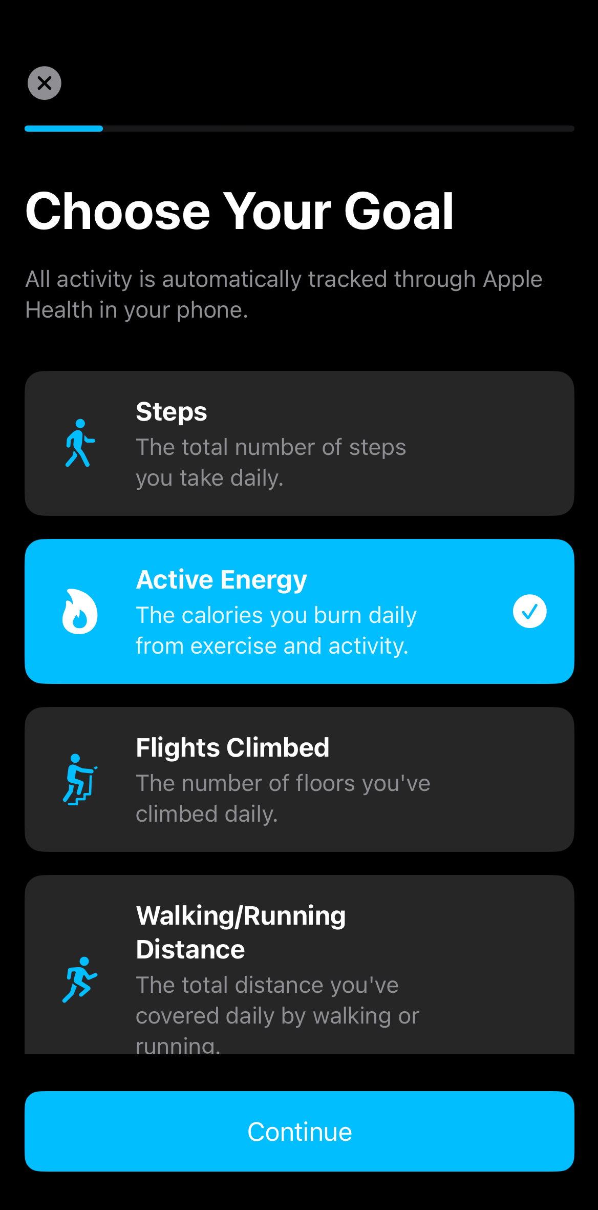 Step Up Or Pay Up goal selection interface showing four fitness tracking options in a mobile app screen. The interface displays Steps (total daily steps), Active Energy (calories burned from exercise and activity) which is currently selected with a blue highlight and checkmark, Flights Climbed (number of floors climbed daily), and Walking/Running Distance (total distance covered daily). All activity data is automatically tracked through Apple Health integration, with a prominent blue Continue button at the bottom for proceeding to goal setup.